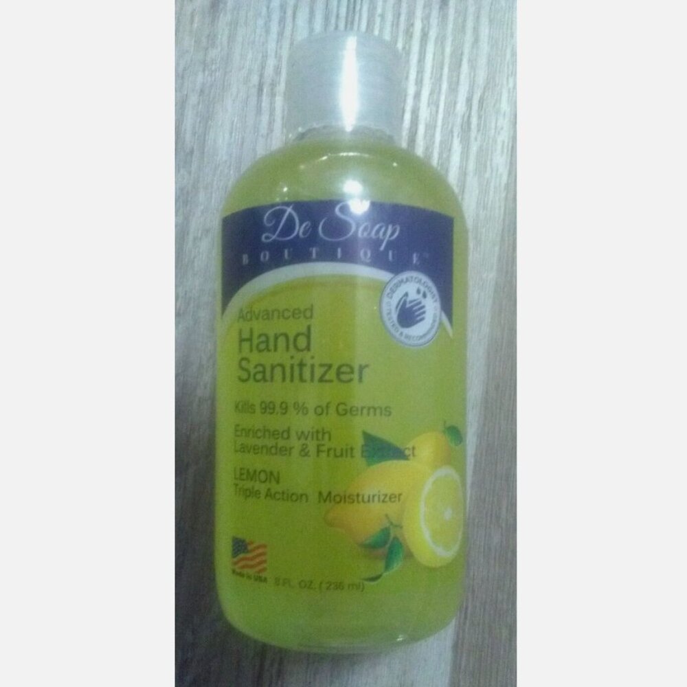 DE SOAP BOUTIQUE ADVANCDED HAND SANITIZER LEMON TRIPLE ACTION-8 fl oz/236 ml-NEW